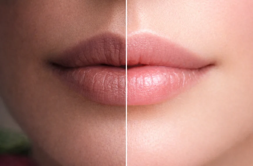 ඔබේ තොල් | Close-up split image of lips showing dark, dry, pigmented lips on one side and soft, hydrated, naturally pink lips on the other, representing natural lip care improvement.