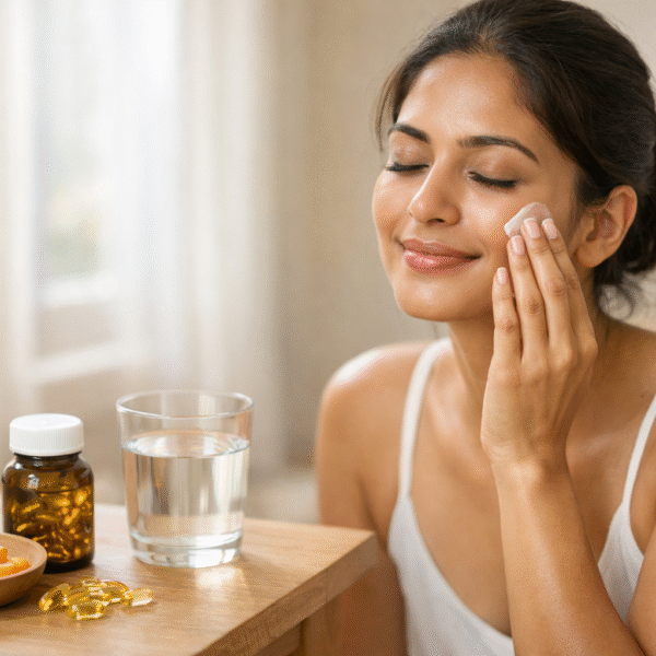 සම | South Asian woman applying moisturiser to her face in soft natural light, with vitamin supplements, fish oil capsules, and a glass of water on a wooden table, symbolising hydration and care for dry skin.