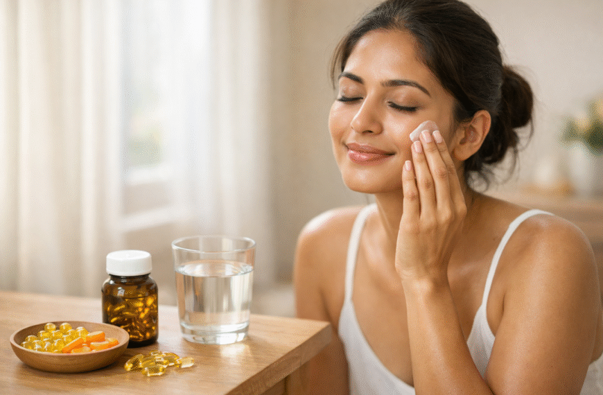 සම | South Asian woman applying moisturiser to her face in soft natural light, with vitamin supplements, fish oil capsules, and a glass of water on a wooden table, symbolising hydration and care for dry skin.