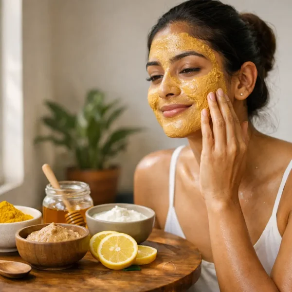 Natural | Young Sri Lankan woman applying a turmeric and sandalwood face mask at home, seated by a sunlit window with natural skincare ingredients like turmeric, honey, yoghurt and lemon arranged on a wooden table, glowing healthy skin concept.