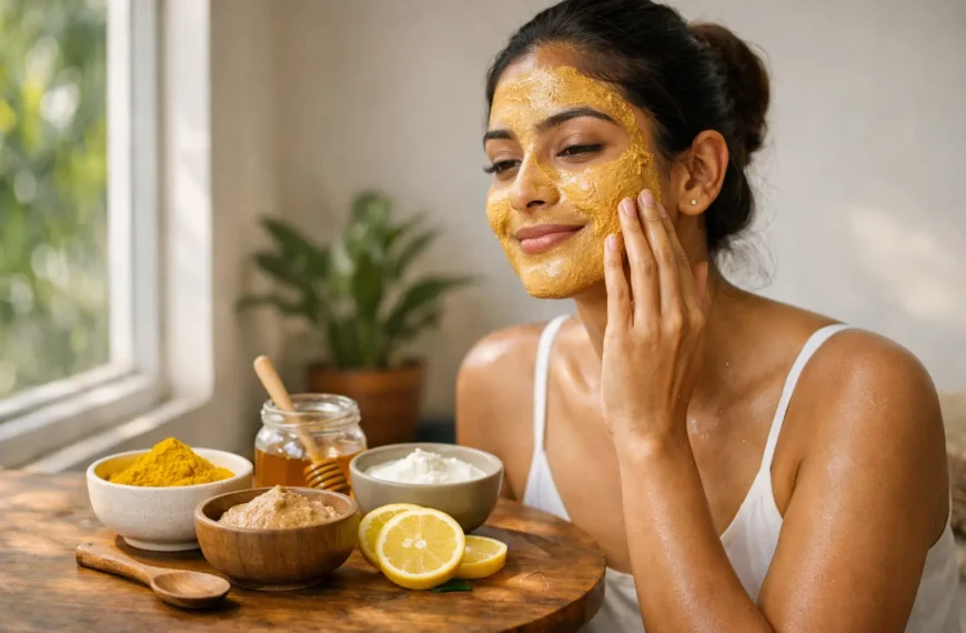 Natural | Young Sri Lankan woman applying a turmeric and sandalwood face mask at home, seated by a sunlit window with natural skincare ingredients like turmeric, honey, yoghurt and lemon arranged on a wooden table, glowing healthy skin concept.