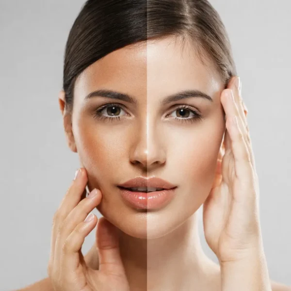 Cream | Comparison between natural skin tone and skin whitening effect on a woman's face