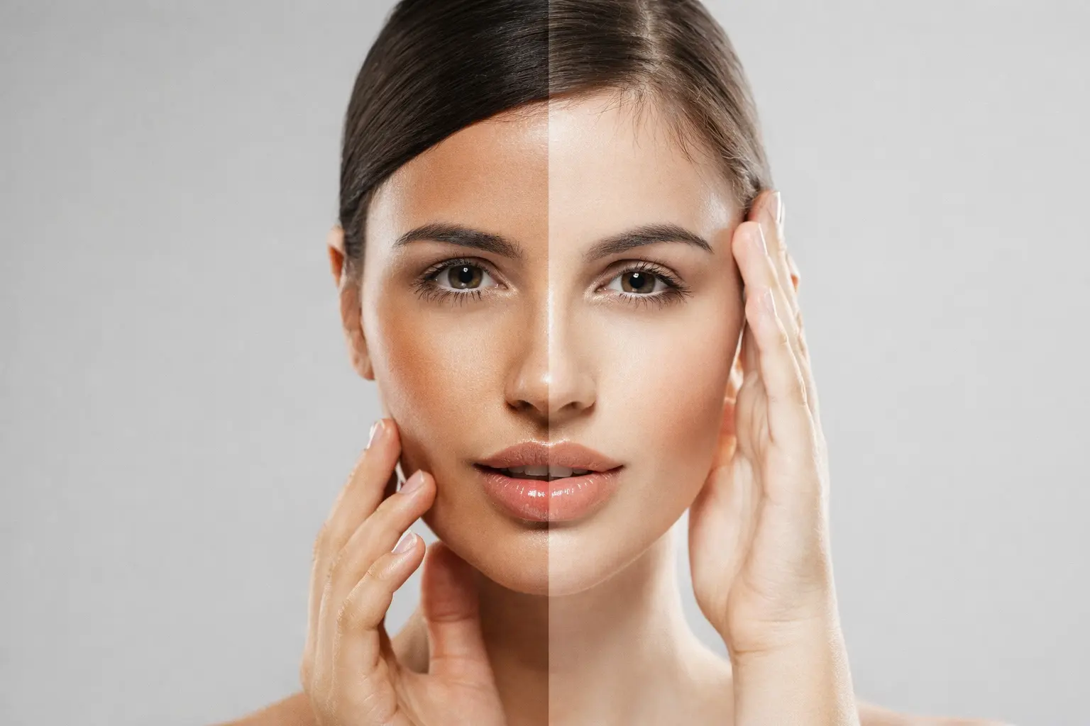 Cream | Comparison between natural skin tone and skin whitening effect on a woman's face