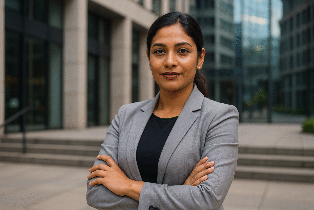 Confident South Asian woman in a grey blazer standing with arms crossed in front of a modern city office building, symbolising success and empowerment." සාර්ථකත්වය-women-selfdevelopment