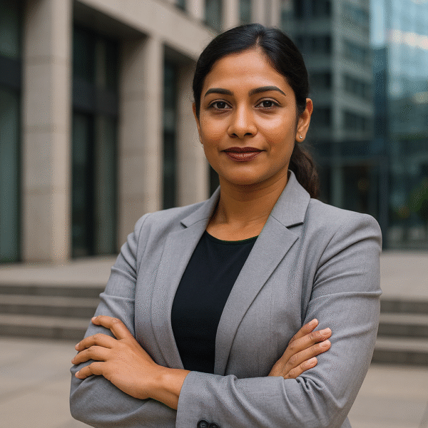 Confident South Asian woman in a grey blazer standing with arms crossed in front of a modern city office building, symbolising success and empowerment." සාර්ථකත්වය-women-selfdevelopment
