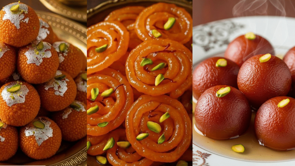 ඉන්දියානු රසකැවිලි | A close-up image showing three traditional Indian sweets — ladoo topped with silver leaf and pistachios on the left, golden jalebi spirals garnished with pistachios in the center, and warm gulab jamun balls soaked in syrup and decorated with pistachio slices on the right, arranged side by side on elegant plates.