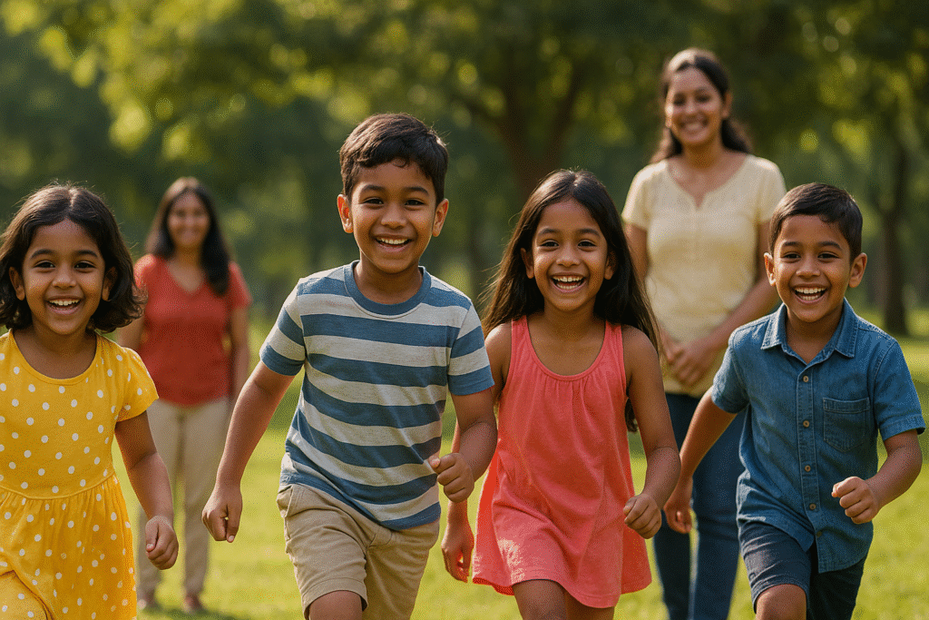 දරුවන් ගැන "Four Sri Lankan children smiling and running together in a sunny green park, with two mothers in the background watching lovingly, creating a safe and joyful atmosphere."