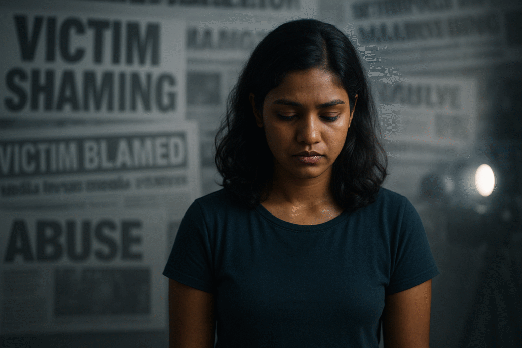 මාධ්‍ය | A young Sri Lankan woman stands alone with her head bowed, surrounded by blurred newspaper headlines reading “Victim Shaming” and “Abuse.” The scene uses muted grey-blue tones and soft lighting to symbolize media intrusion, shame, and emotional isolation.
