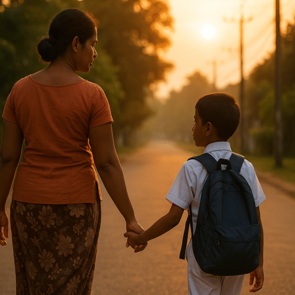 ඔබේ දරුවා | Sri Lankan mother walking hand in hand with her child after school, symbolising safety and parental protection.