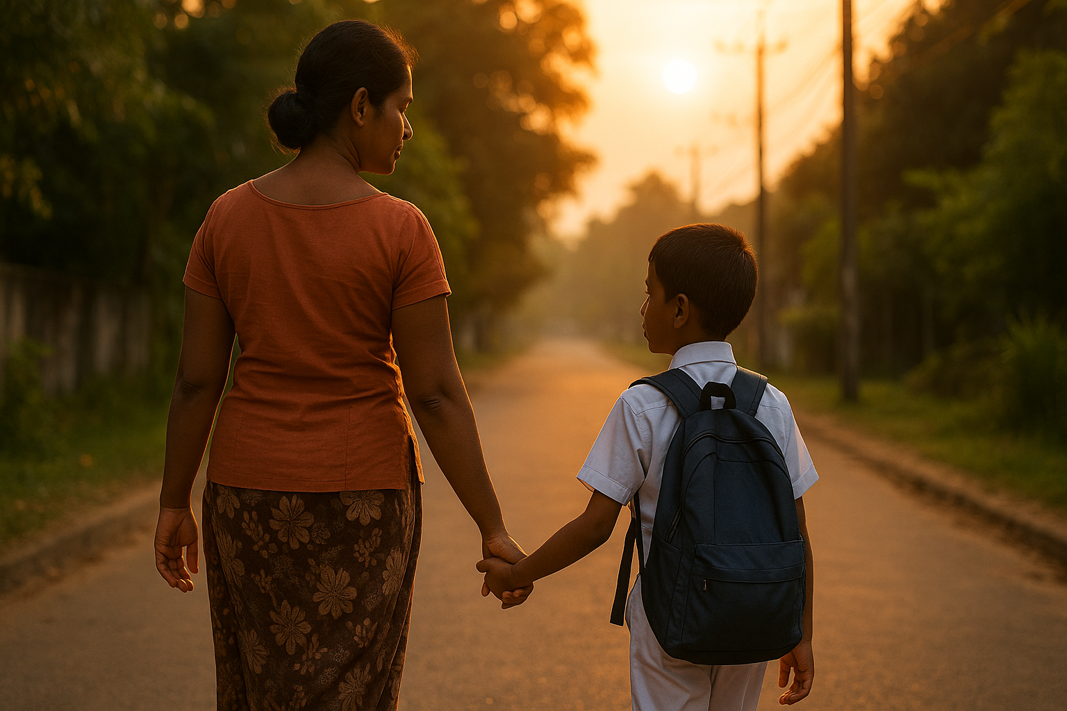 ඔබේ දරුවා | Sri Lankan mother walking hand in hand with her child after school, symbolising safety and parental protection.