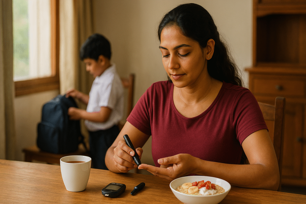 දියවැඩියාව | A Sri Lankan mother in her early 30s sits at a wooden dining table in a naturally lit home, calmly checking her blood glucose level with a glucometer. A single cup of tea and a bowl of oats with fruit are placed beside her. In the background, her young child prepares a school bag, adding a warm, supportive family atmosphere to the scene.