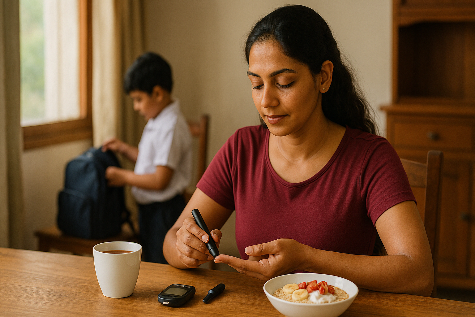 දියවැඩියාව | A Sri Lankan mother in her early 30s sits at a wooden dining table in a naturally lit home, calmly checking her blood glucose level with a glucometer. A single cup of tea and a bowl of oats with fruit are placed beside her. In the background, her young child prepares a school bag, adding a warm, supportive family atmosphere to the scene.