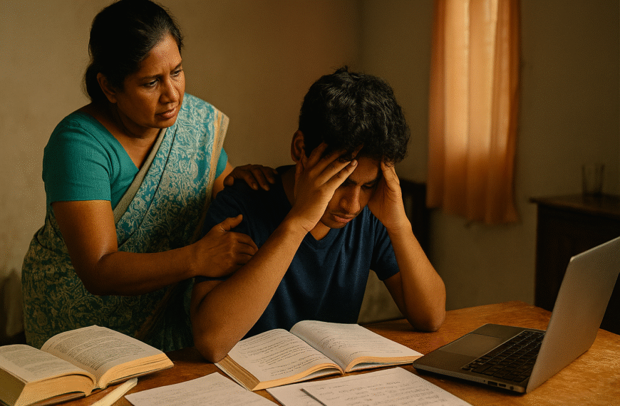 දරුවන් | A Sri Lankan mother in a teal saree gently comforts her teenage son, who looks stressed and holds his head in his hands while studying at a desk with open books, papers, and a laptop in a softly lit home environment.