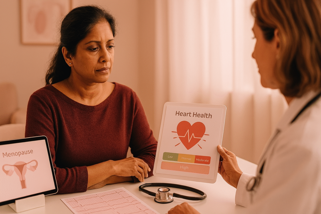 Menopause | A Sri Lankan woman in her early 40s sits in a softly lit clinic, looking thoughtful as a doctor shows her a digital chart labelled “Heart Health” indicating a high risk level. A tablet beside her displays a menopause graphic, and a stethoscope and ECG report lie on the table, creating a calm, informative women’s health setting.