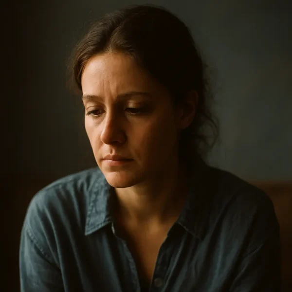 මානසික අපයෝජනය (Mental Abuse) | A woman sits in soft, dim light looking down with a sad, thoughtful expression, suggesting emotional distress or mental struggle.