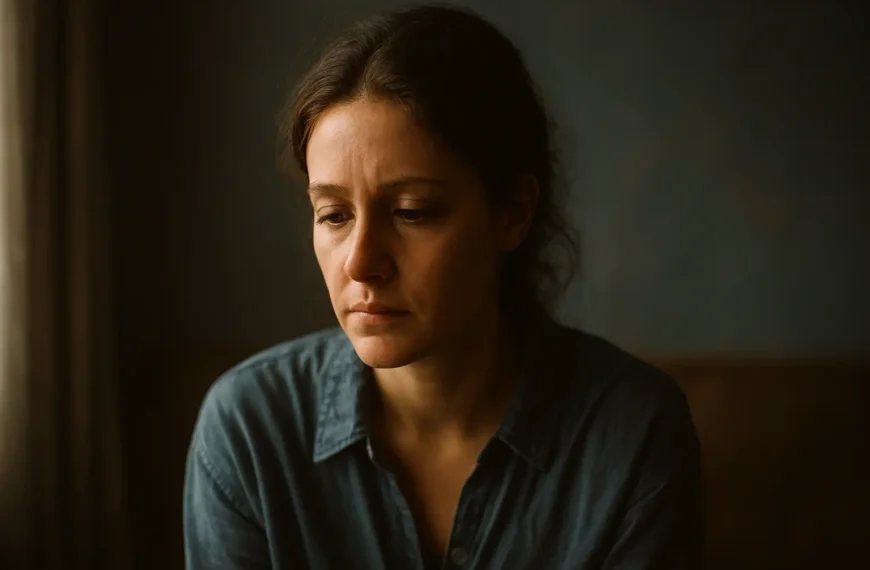 මානසික අපයෝජනය (Mental Abuse) | A woman sits in soft, dim light looking down with a sad, thoughtful expression, suggesting emotional distress or mental struggle.