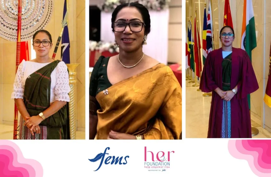 ඔසප් | Dr. Nayana Suraweera pictured in three portraits wearing traditional Sri Lankan attire, representing professionalism and cultural pride. The image features the Fems and HER Foundation logos, highlighting her collaboration in promoting menstrual health awareness and women’s empowerment in Sri Lanka.