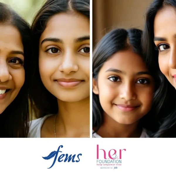ඔසප් වීම | Two Sri Lankan mothers smiling warmly beside their daughters, symbolizing trust and open communication. The image highlights the bond between mothers and daughters in promoting menstrual awareness. Logos of *Fems* and *Her Foundation* appear below, representing initiatives for menstrual education and empowerment.