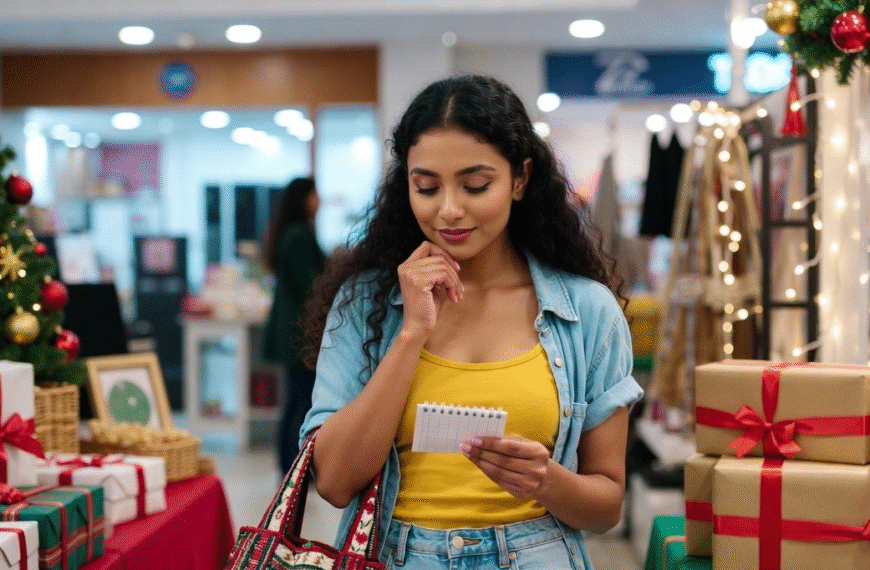 කාන්තා ඔබට Budget Shopping Tips | A young Sri Lankan woman with long curly hair stands in a festive Christmas-themed shop, holding a small notepad and thinking while looking at her shopping list. She wears a yellow top, denim shirt, and jeans, with a colourful woven bag on her shoulder. Gift boxes wrapped with red and gold ribbons and decorated Christmas trees surround her, creating a warm and cheerful holiday atmosphere.