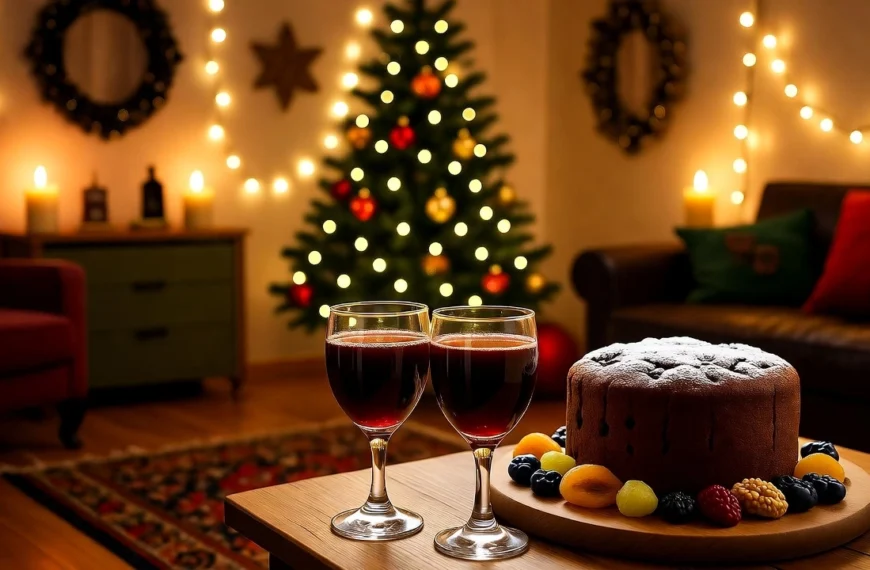 නත්තල | A cozy Sri Lankan living room decorated for Christmas with warm fairy lights, a glowing Christmas tree, and candles. On a wooden table in the foreground, two glasses of red mulled wine sit beside a traditional Christmas fruit cake garnished with powdered sugar and assorted dried fruits, creating a festive and inviting atmosphere.