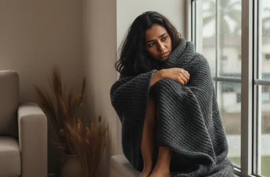 විශාදය (Depression) | Woman sitting by a window wrapped in a blanket, looking thoughtful and withdrawn, with rain visible outside, symbolising depression, loneliness, and emotional vulnerability.