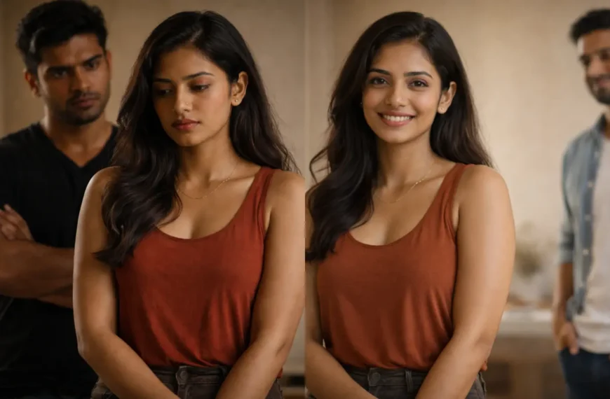 Side-by-side comparison image of a Sri Lankan woman showing emotional contrast in relationships — on the left she looks sad and withdrawn with a tense, possessive boyfriend standing close behind her, and on the right she looks happy and confident with an understanding boyfriend standing calmly at a respectful distance.