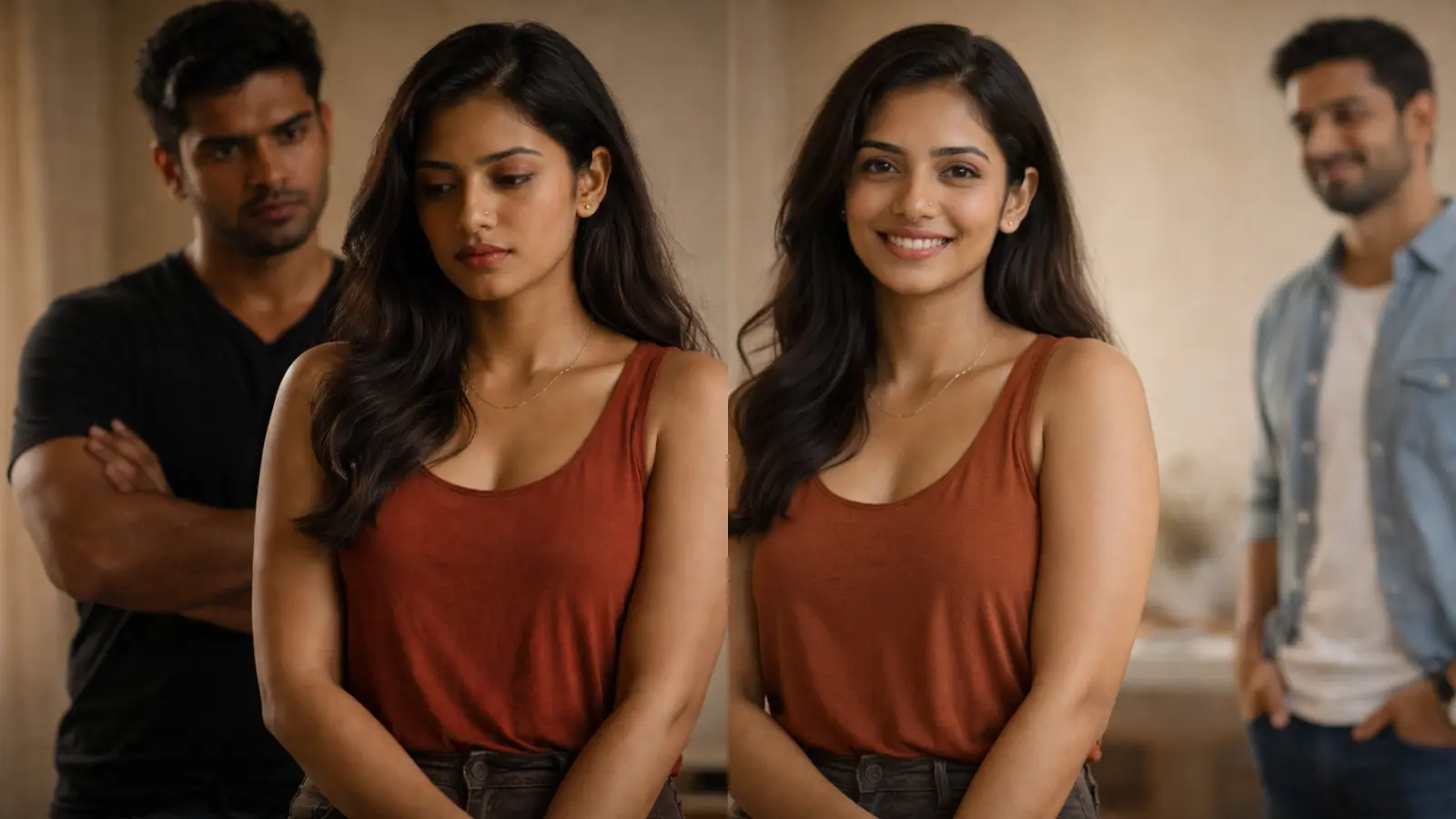 Side-by-side comparison image of a Sri Lankan woman showing emotional contrast in relationships — on the left she looks sad and withdrawn with a tense, possessive boyfriend standing close behind her, and on the right she looks happy and confident with an understanding boyfriend standing calmly at a respectful distance.