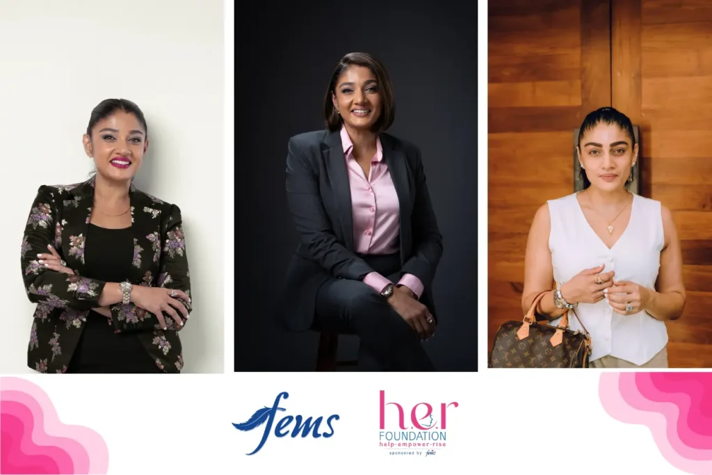 Menstrual Hygiene | Three professional women standing confidently, representing women’s leadership and menstrual health advocacy, with Fems and H.E.R Foundation logos below.