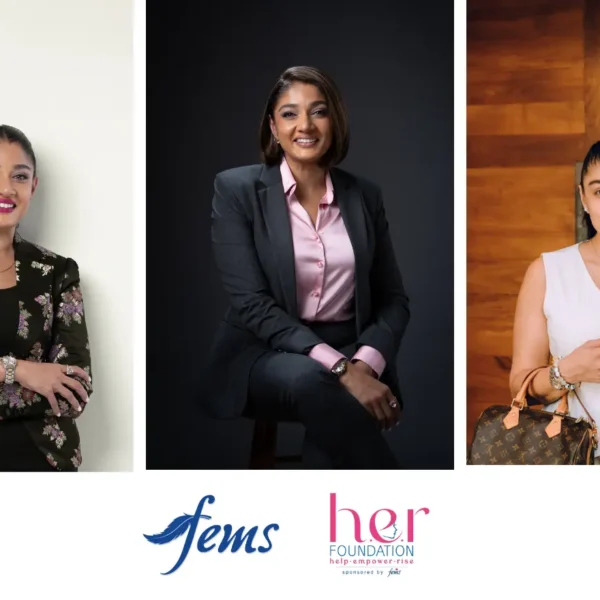 Menstrual Hygiene | Three professional women standing confidently, representing women’s leadership and menstrual health advocacy, with Fems and H.E.R Foundation logos below.