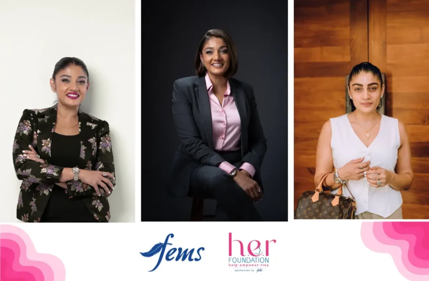 Menstrual Hygiene | Three professional women standing confidently, representing women’s leadership and menstrual health advocacy, with Fems and H.E.R Foundation logos below.