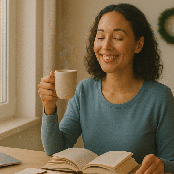 උත්සව සමයේ ඇති වන ආතතිය කළමනාකරණය කරගන්නේ කෙසේද? | A young woman sits peacefully by a window during the festive season, smiling with her eyes closed while holding a warm mug and an open book. Soft golden lights glow in the background beside a small decorated Christmas tree, creating a calm, cozy atmosphere.