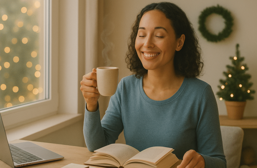 උත්සව සමයේ ඇති වන ආතතිය කළමනාකරණය කරගන්නේ කෙසේද? | A young woman sits peacefully by a window during the festive season, smiling with her eyes closed while holding a warm mug and an open book. Soft golden lights glow in the background beside a small decorated Christmas tree, creating a calm, cozy atmosphere.