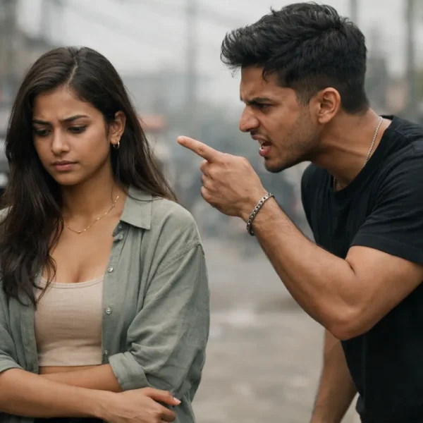 control freak boyfriend | Young Sri Lankan woman standing in soft natural light, looking down and emotionally conflicted, while a young man beside her gestures aggressively, set in a muted urban street with shallow depth of field and a serious, tense mood.
