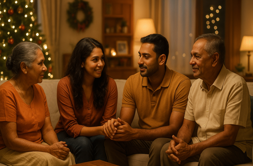 ගැටුම් | A Sri Lankan family of four sits together on a sofa in a warm, softly lit living room during the festive season. A Christmas tree with glowing lights appears in the background, along with subtle holiday décor and soft bokeh. The family members look calm and engaged in gentle conversation, creating a peaceful and harmonious atmosphere.
