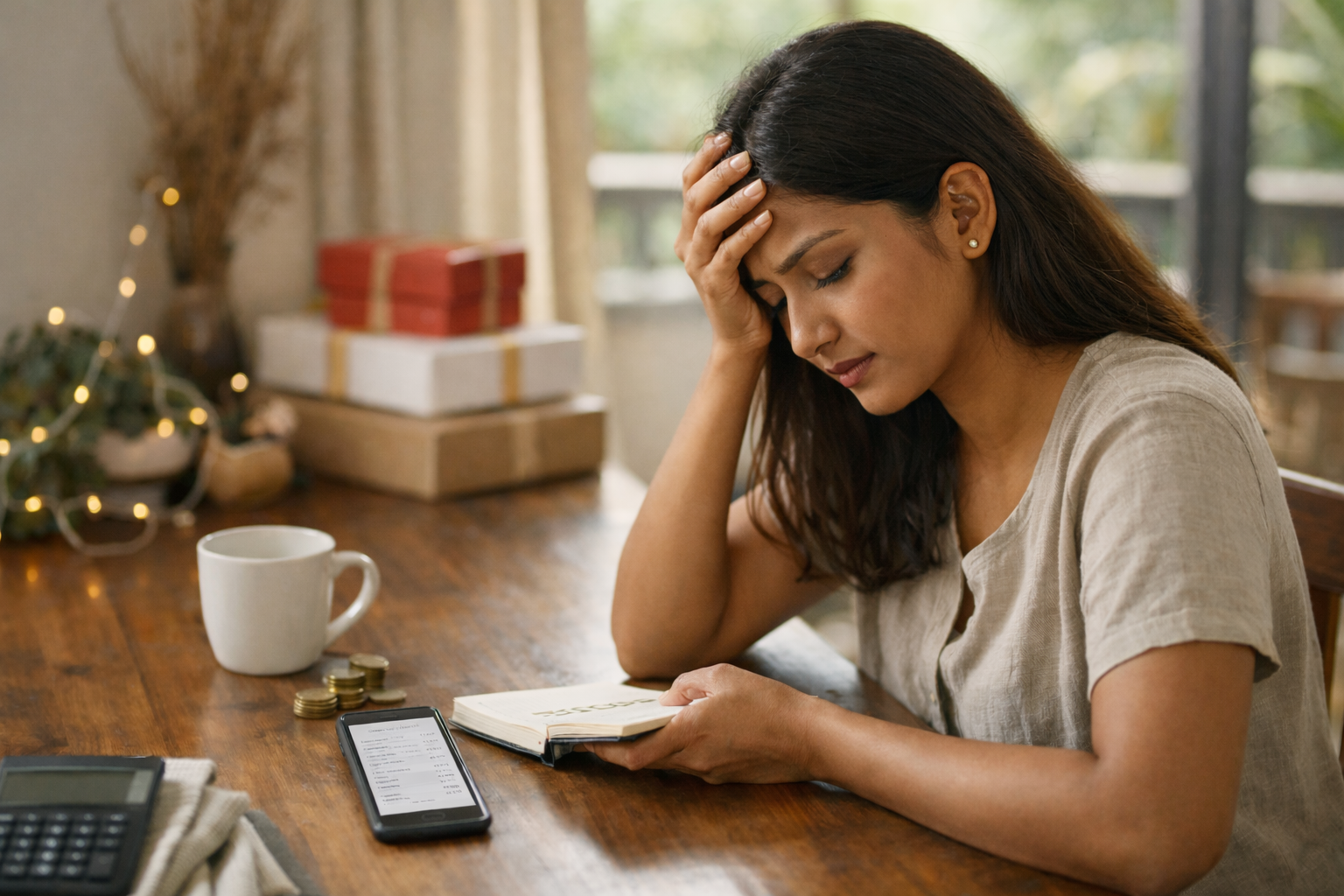season | A stressed young woman sitting at a wooden table at home, holding her head while looking down at a notebook, with a phone displaying expenses, coins, and a calculator beside her, reflecting financial stress after the festive season.