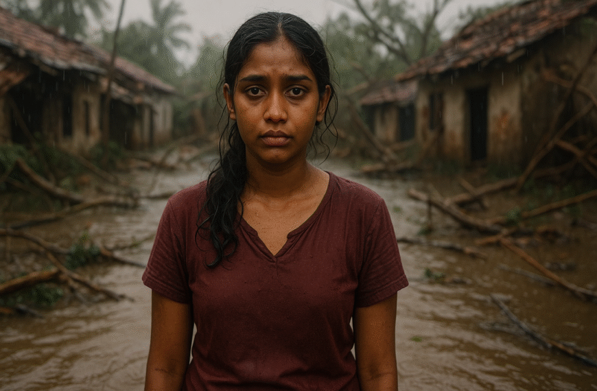 DITWA | A young Sri Lankan woman stands in shallow muddy floodwater after a cyclone, rain falling around her. She looks exhausted yet resilient, with wet hair and a soaked maroon shirt. Behind her are damaged houses, fallen branches, and debris, creating a somber post-disaster scene.