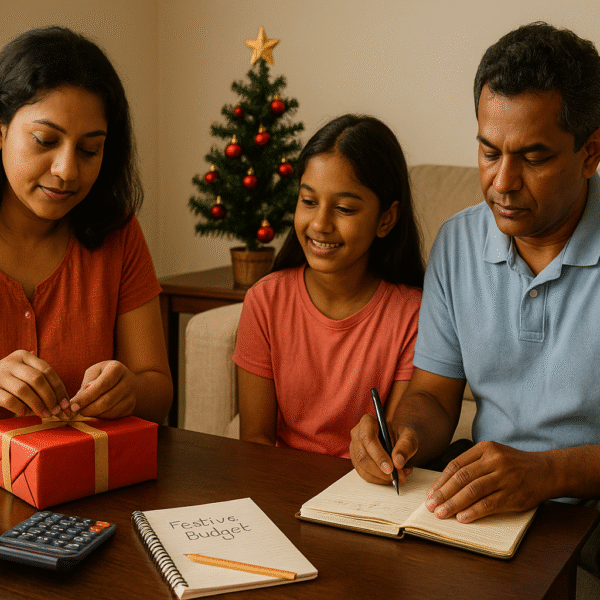 වියදම් | A Sri Lankan family sits together in a warm, simple living room preparing for the festive season. The mother wraps gifts at a wooden table, the father writes budgeting notes in a notebook, and their daughter smiles while watching them. A small decorated Christmas tree is in the background, and items like wrapped presents, a calculator, and a notebook labelled “Festive Budget” are on the table.