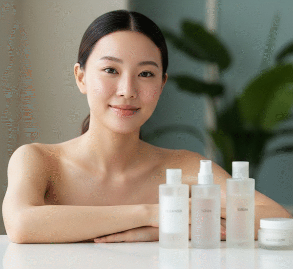 Korean Beauty Brands | High-resolution editorial-style image of a young Asian woman with clear, hydrated glass skin, seated at a minimal vanity with a small set of unbranded skincare products, soft natural light highlighting her natural glow and smooth skin texture.