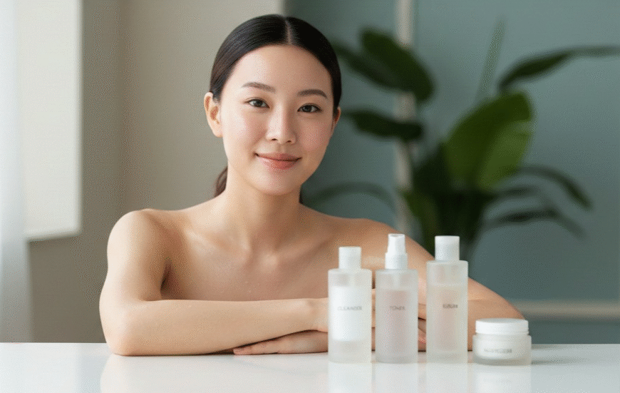 Korean Beauty Brands | High-resolution editorial-style image of a young Asian woman with clear, hydrated glass skin, seated at a minimal vanity with a small set of unbranded skincare products, soft natural light highlighting her natural glow and smooth skin texture.