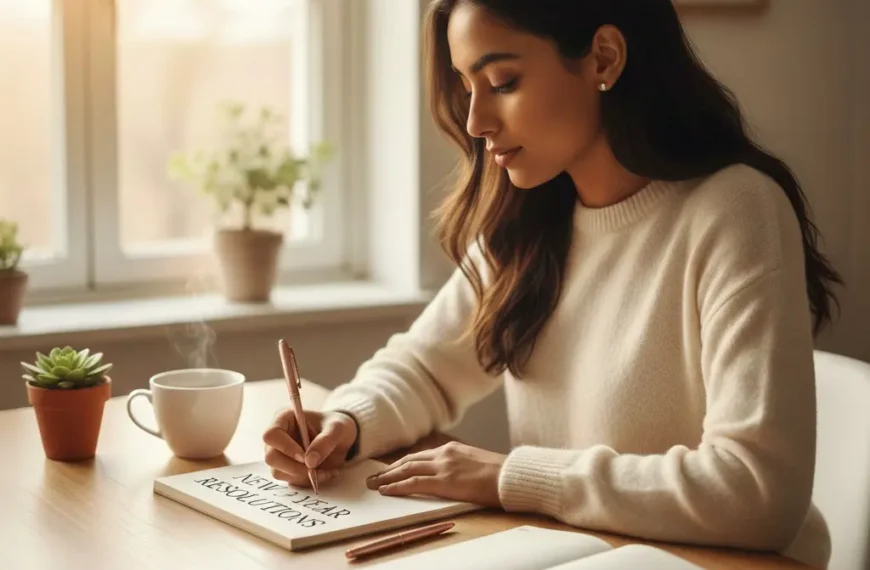 A young South Asian woman sitting at a clean desk near a window, writing her New Year Resolutions in a notebook in soft morning light, with a cup of tea and a small indoor plant, creating a calm and inspirational atmosphere that represents new beginnings, personal growth, and motivation.
