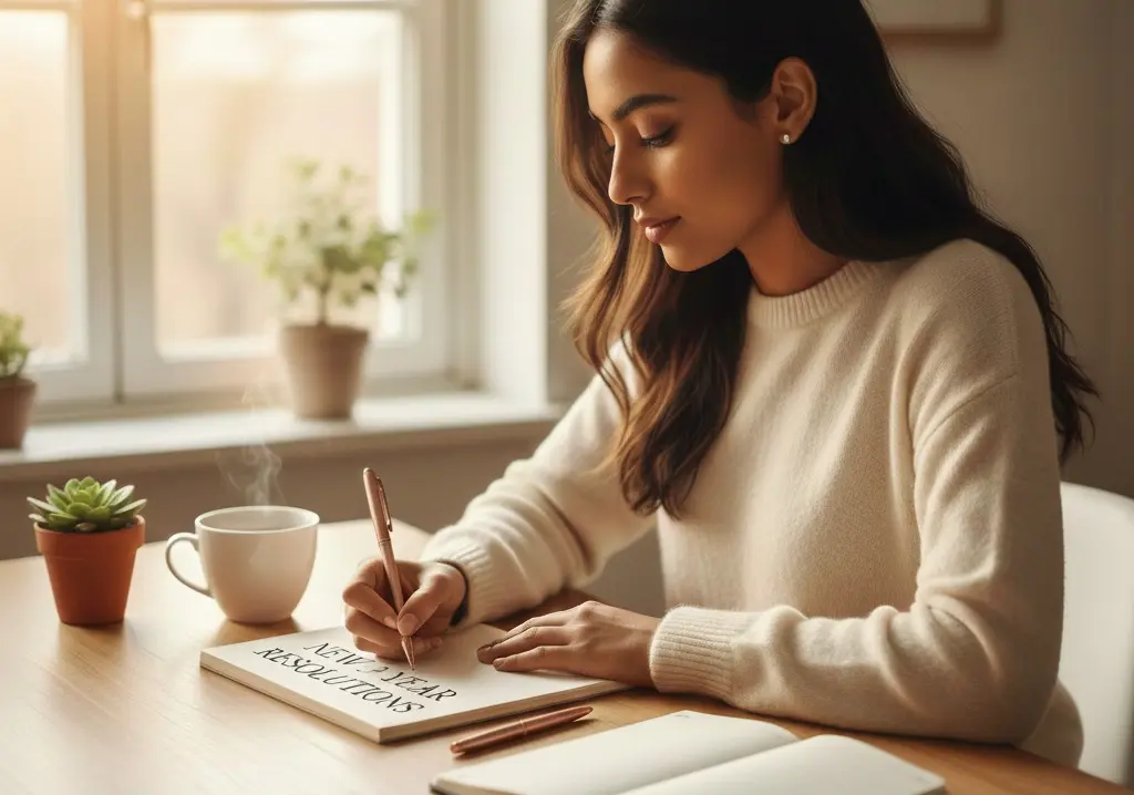 A young South Asian woman sitting at a clean desk near a window, writing her New Year Resolutions in a notebook in soft morning light, with a cup of tea and a small indoor plant, creating a calm and inspirational atmosphere that represents new beginnings, personal growth, and motivation.
