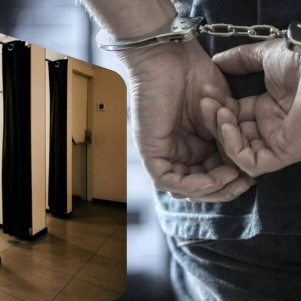 ඇඳුම් | A composite image showing two scenes: on the left, a row of fitting rooms with closed black curtains inside a clothing store; on the right, a close-up of a man’s hands secured in handcuffs behind his back, symbolising an arrest related to a hidden camera incident.