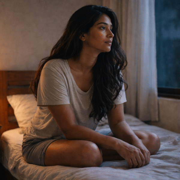 overthinking | A thoughtful Sri Lankan woman sits on her bed at night, softly lit by a bedside lamp and moonlight from the window, looking outside with a calm but emotionally heavy expression, representing overthinking and mental stress.