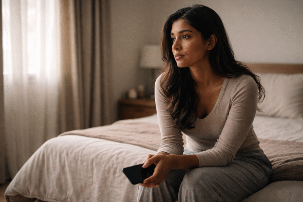 cheat | Young South Asian woman sitting alone on a bed in a softly lit bedroom, holding her phone and looking thoughtful and emotionally distant, symbolising relationship doubt, trust issues, and emotional uncertainty.