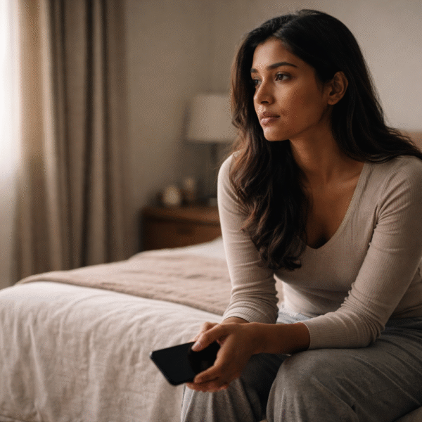 cheat | Young South Asian woman sitting alone on a bed in a softly lit bedroom, holding her phone and looking thoughtful and emotionally distant, symbolising relationship doubt, trust issues, and emotional uncertainty.