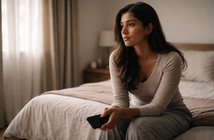 cheat | Young South Asian woman sitting alone on a bed in a softly lit bedroom, holding her phone and looking thoughtful and emotionally distant, symbolising relationship doubt, trust issues, and emotional uncertainty.