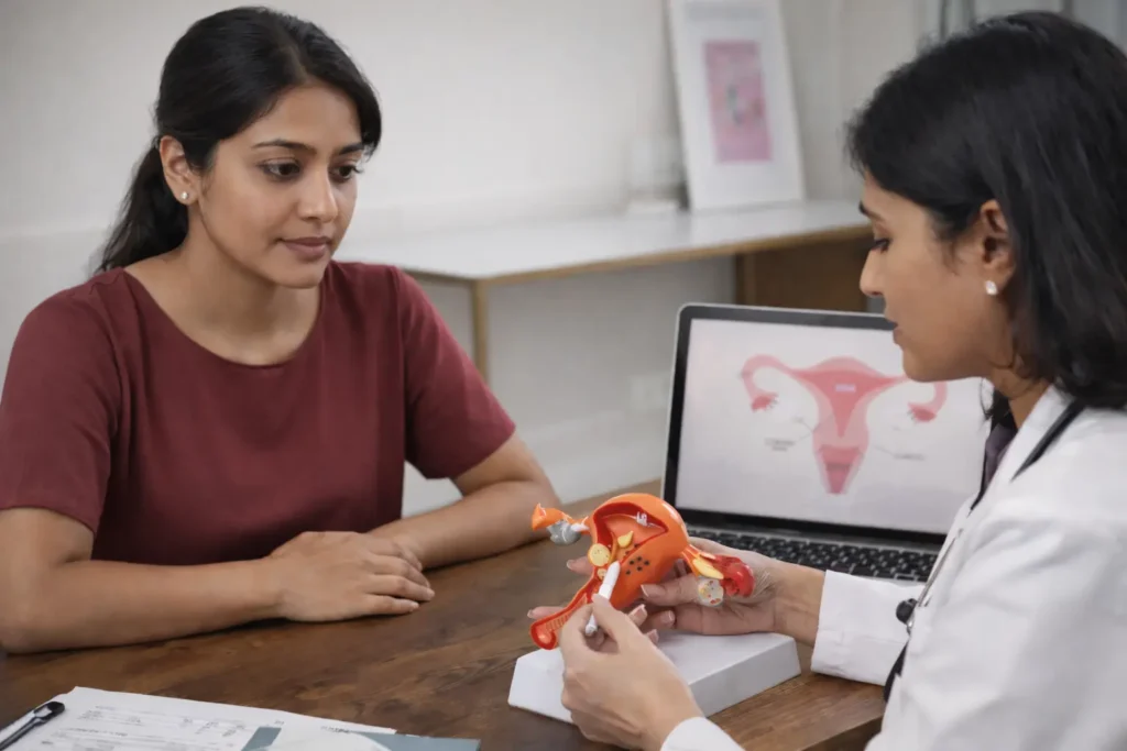 hormones , Hormones | **Alt Text** South Asian woman attending a medical consultation with a female doctor, who is explaining hormonal and reproductive health using an anatomical uterus model, in a calm, modern clinic setting.