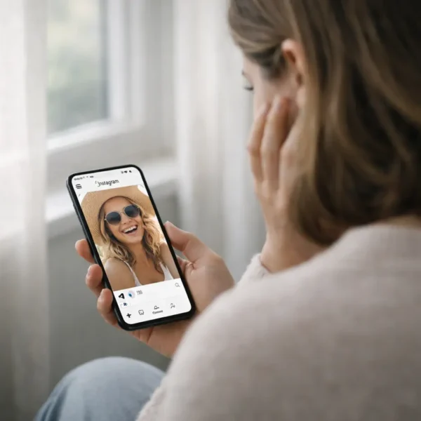 Compare | Woman seated by a window viewed from behind, holding a smartphone displaying a bright Instagram-style photo of a smiling woman, contrasting curated online happiness with quiet, reflective solitude.