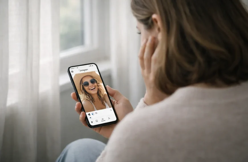 Compare | Woman seated by a window viewed from behind, holding a smartphone displaying a bright Instagram-style photo of a smiling woman, contrasting curated online happiness with quiet, reflective solitude.