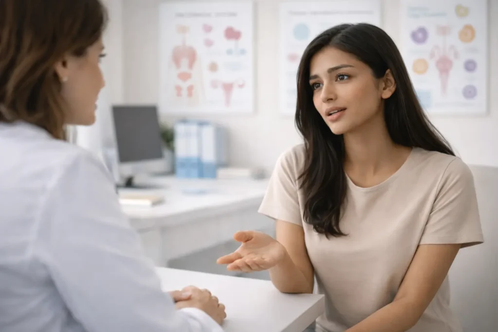 hormonal imbalance | A young South Asian woman with warm brown skin sits in a private medical consultation room, speaking thoughtfully with a female doctor across a desk. Hormone health charts are softly visible on the wall behind them, while the calm, modern setting reflects a supportive conversation about women’s hormonal health.